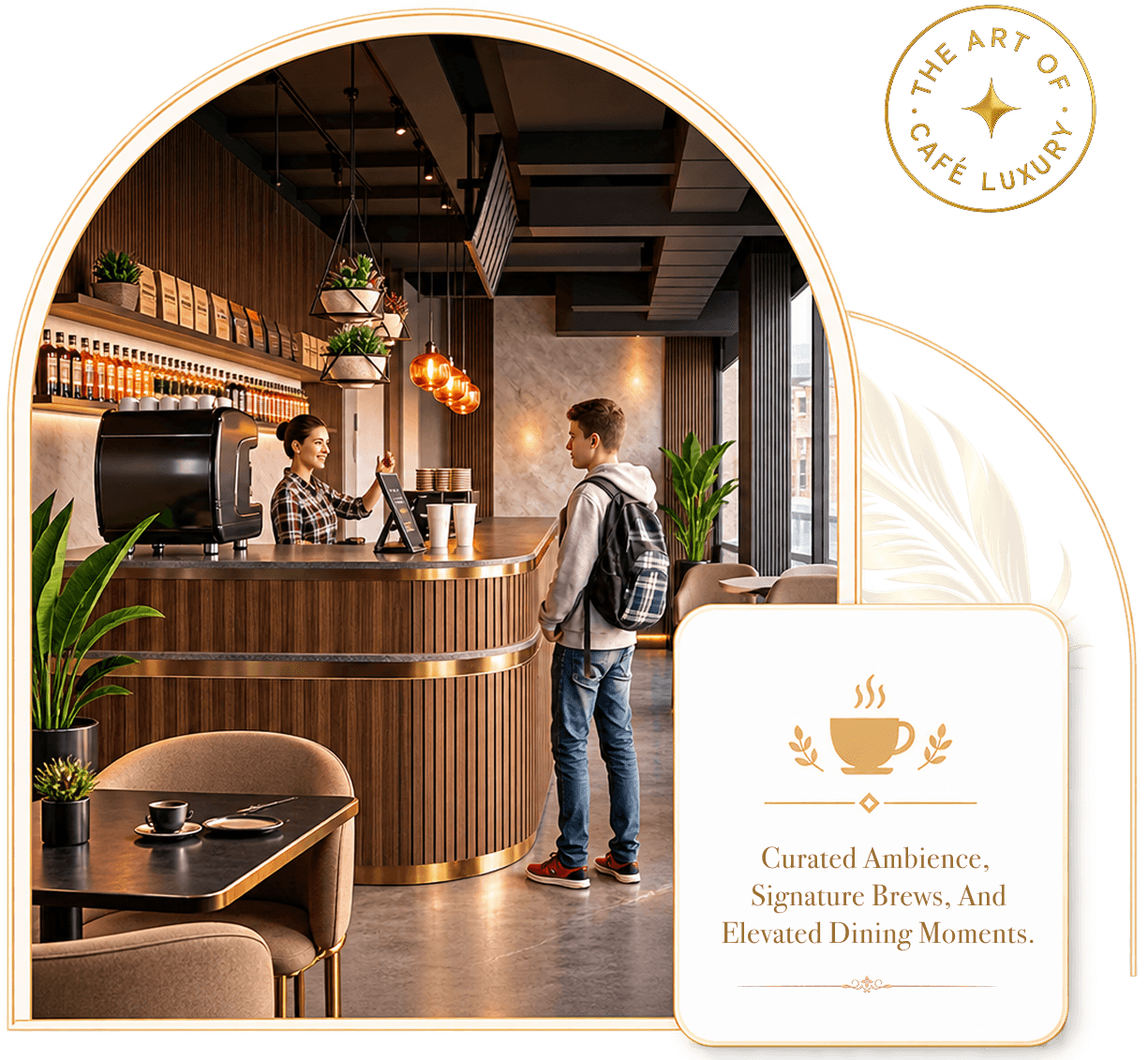 A guest ordering at The Luxe Cafe's counter, with a card reading 'Curated Ambience, Signature Brews, And Elevated Dining Moments.'
