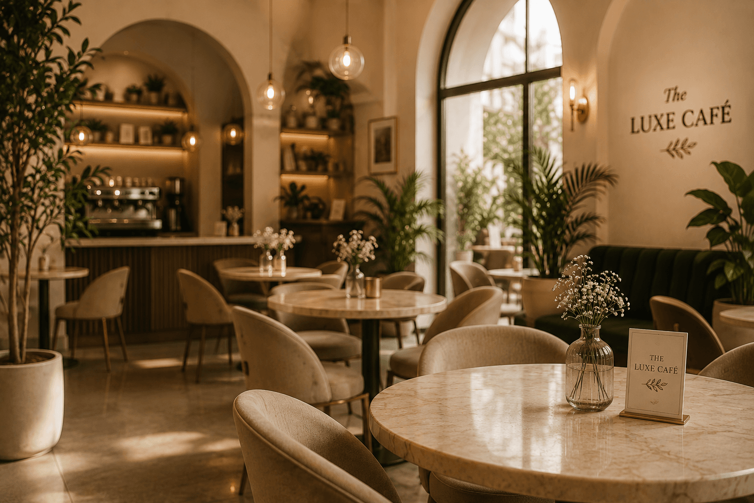 A sunlit archway seating area at The Luxe Cafe with marble tables and green banquettes