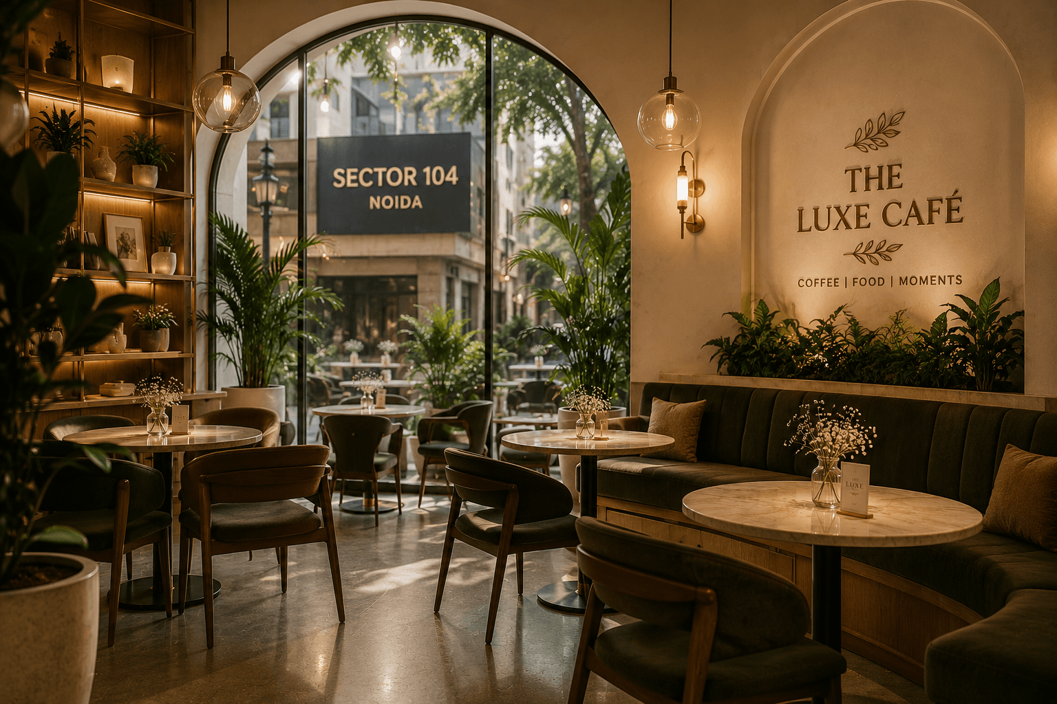 The Luxe Cafe's arched entryway and dining room seen from the street