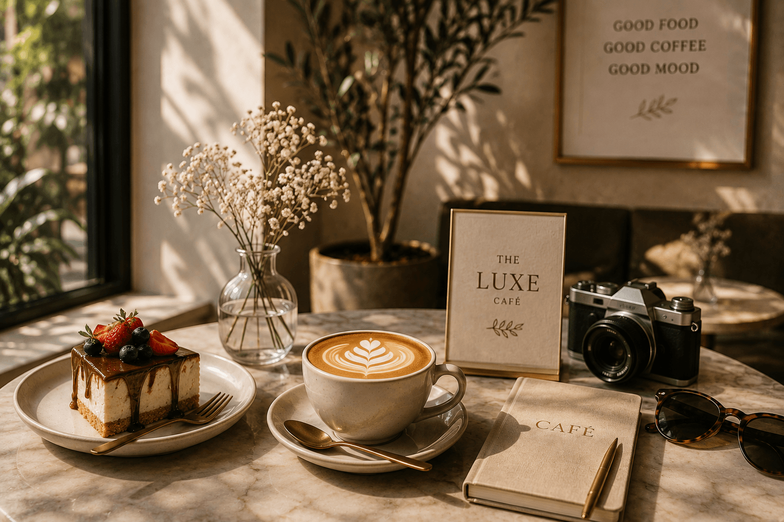 A latte and a slice of cake on a marble table beside a vase of baby's breath