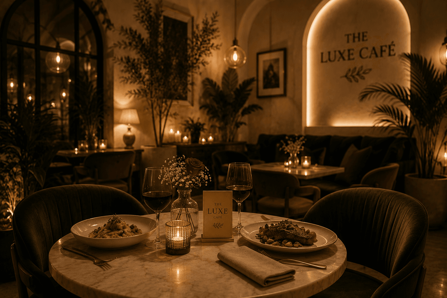 A candlelit table set for two in The Luxe Cafe's dining room in the evening