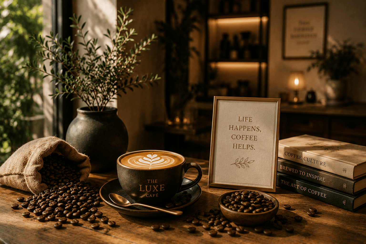 A cup of latte art beside scattered coffee beans and a burlap sack