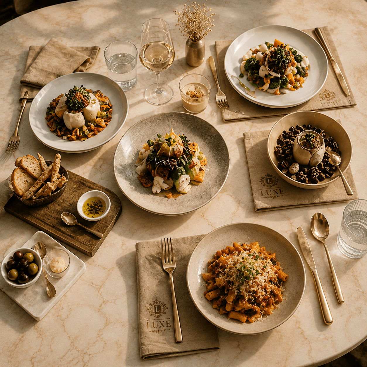An assortment of plated dishes, bread, and wine on a marble table