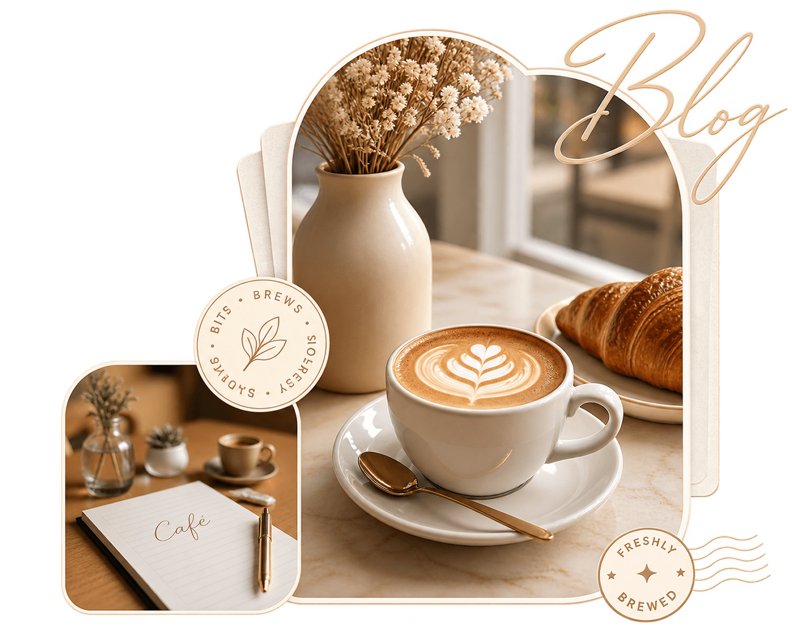 A latte and croissant on a marble table inside an arch-framed nook at The Luxe Cafe, beside a notebook and pen