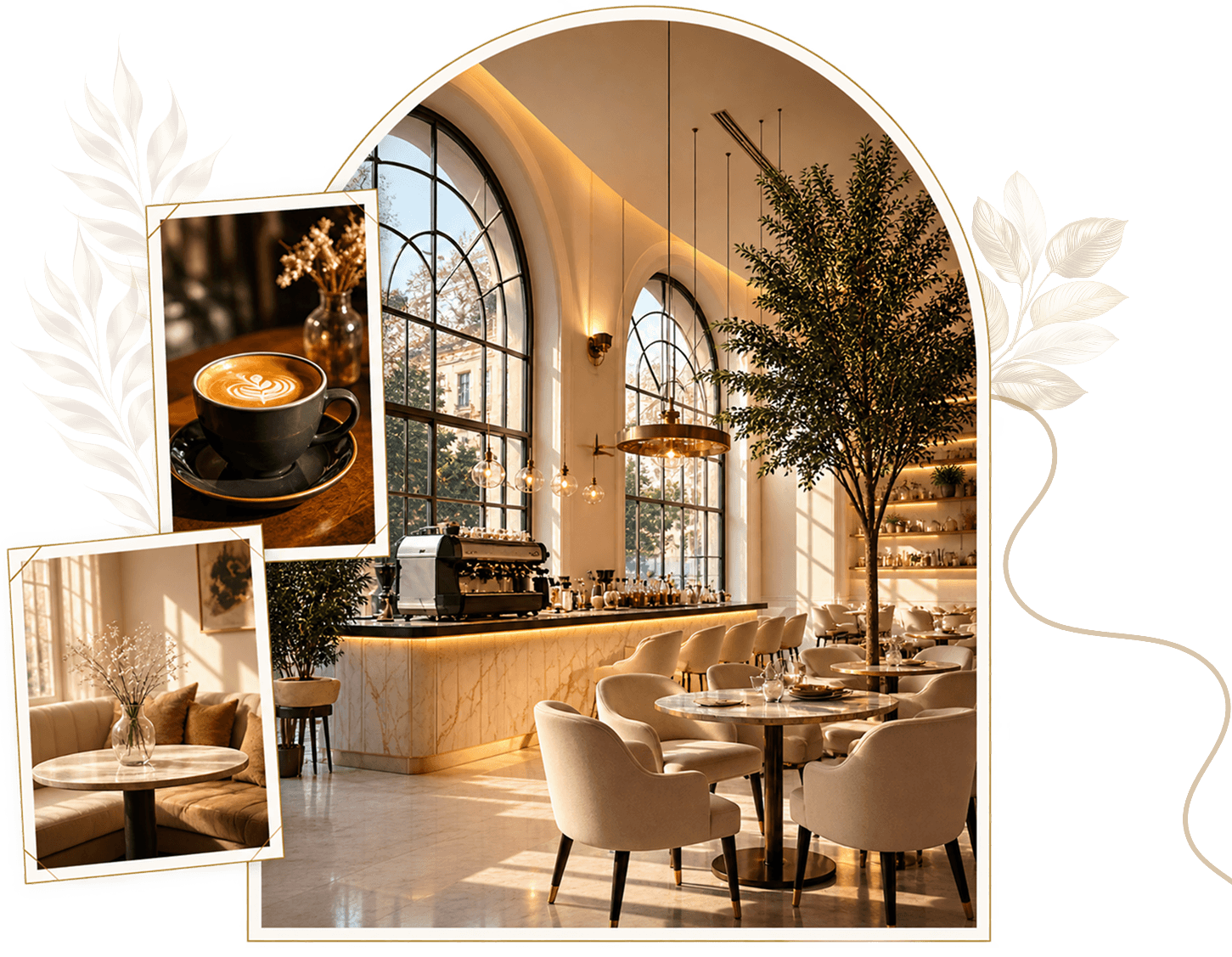 A collage of The Luxe Cafe's arch-framed dining room, a latte on a wooden table, and a cozy lounge seating nook