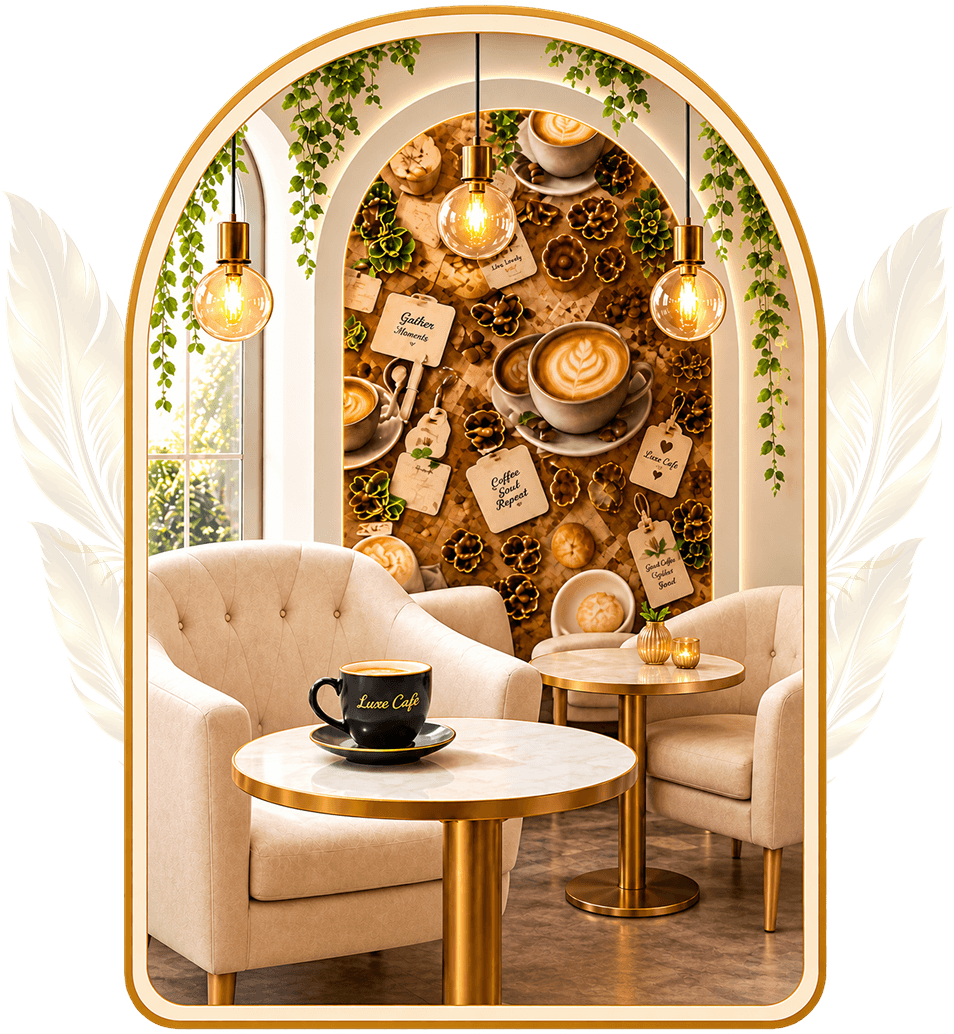 A gold-framed café archway seating nook with pendant lights and hanging greenery