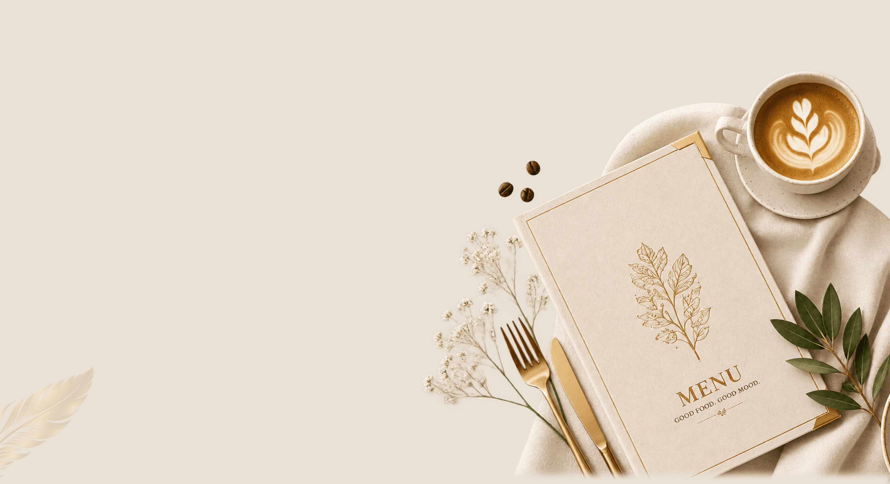 A flat lay of The Luxe Cafe's menu book, a latte, coffee beans, and cutlery