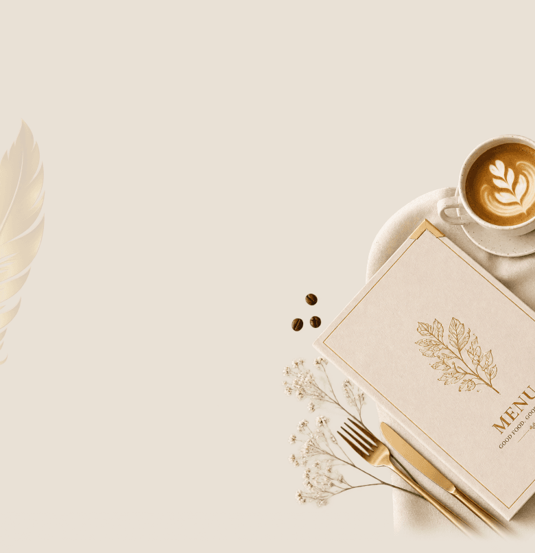 A flat lay of The Luxe Cafe's menu book, a latte, coffee beans, and cutlery
